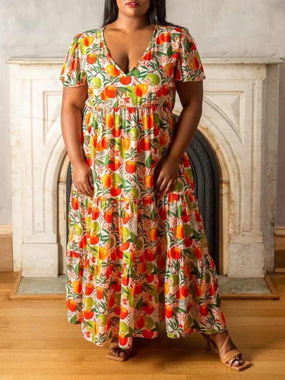 Mixed by Nasrin Floral Apple Blossom Fruit Print Maxi V Neck Dress Size L